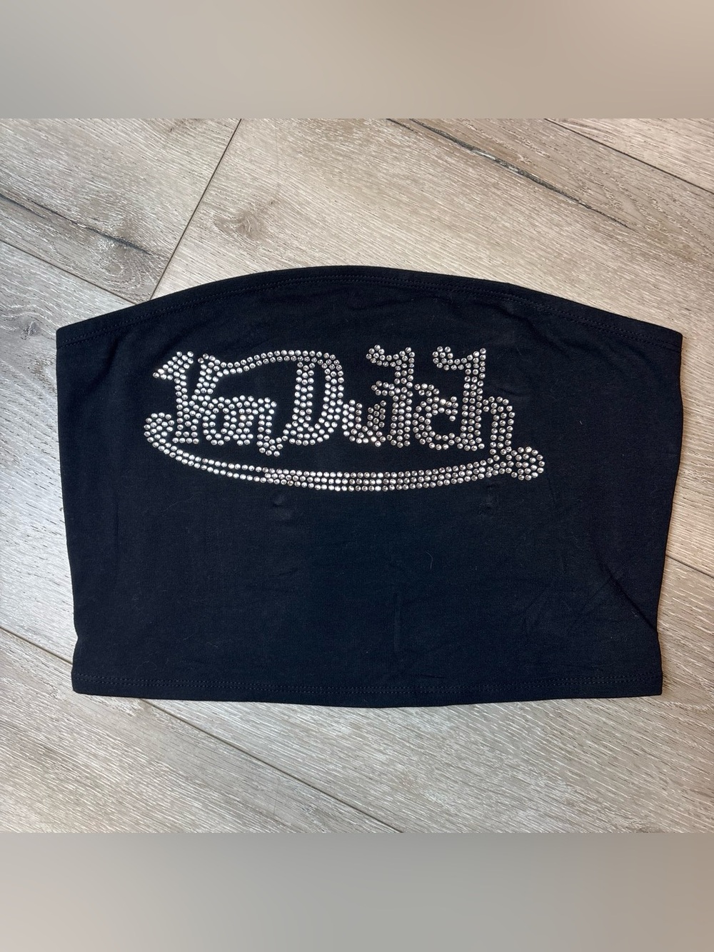 Von Dutch Black Rhinestone Logo Tube Top